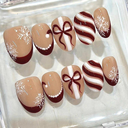 Handmade Christmas Press-On Nails, Red Snowflake, Candy Stripe, Bow Holiday Set