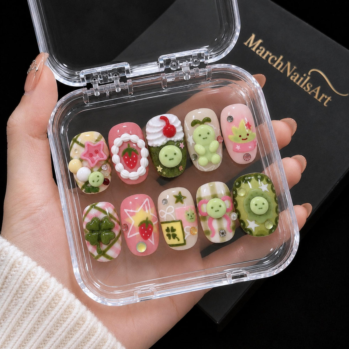 Kawaii Strawberry Press On Nails, 3D Fruit Dessert Nails, Japanese Green Character Nail Art