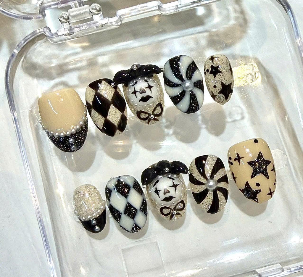 Gothic Harlequin Press On Nails: Black and White Clown Nail Art