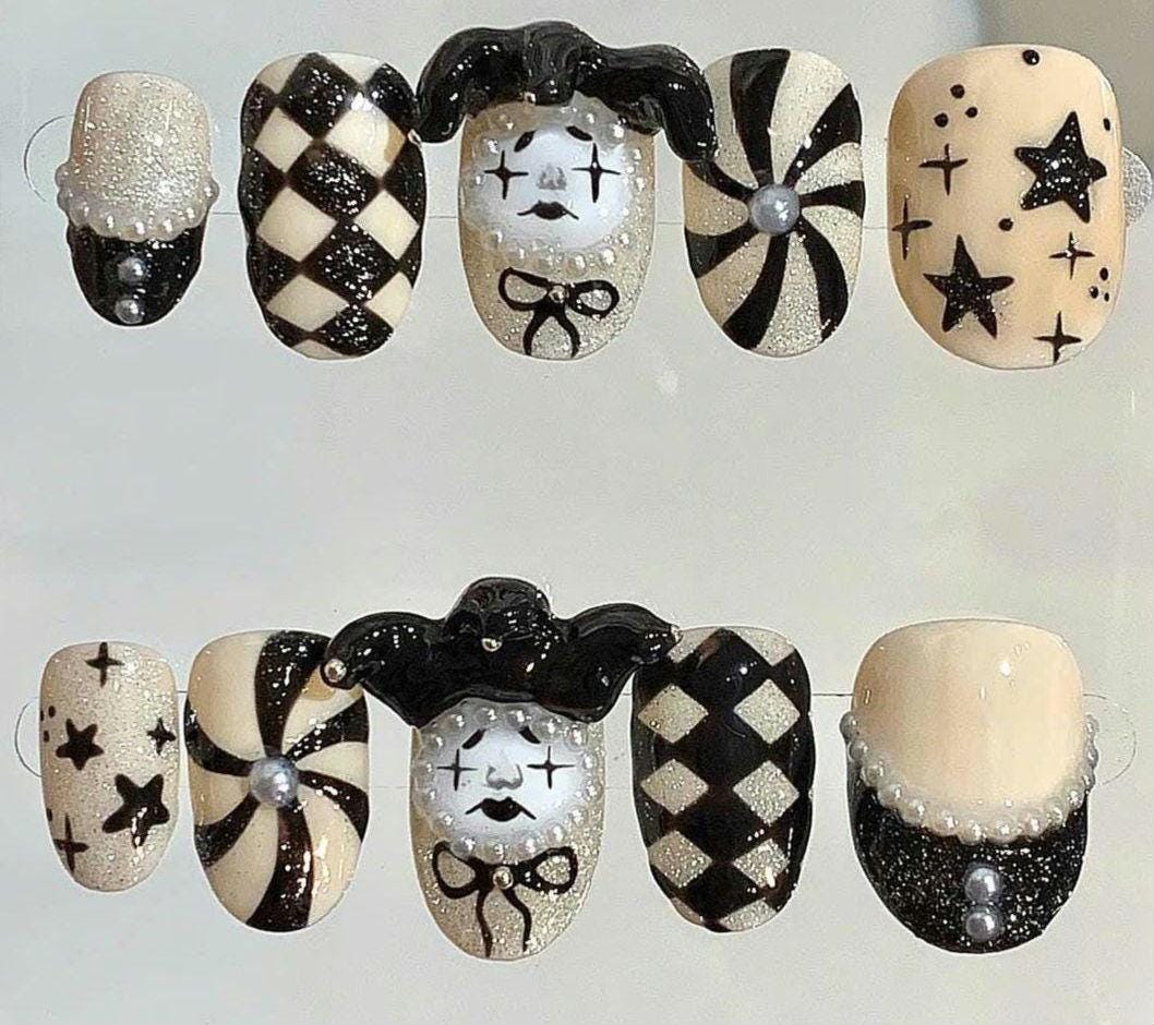 Gothic Harlequin Press On Nails: Black and White Clown Nail Art