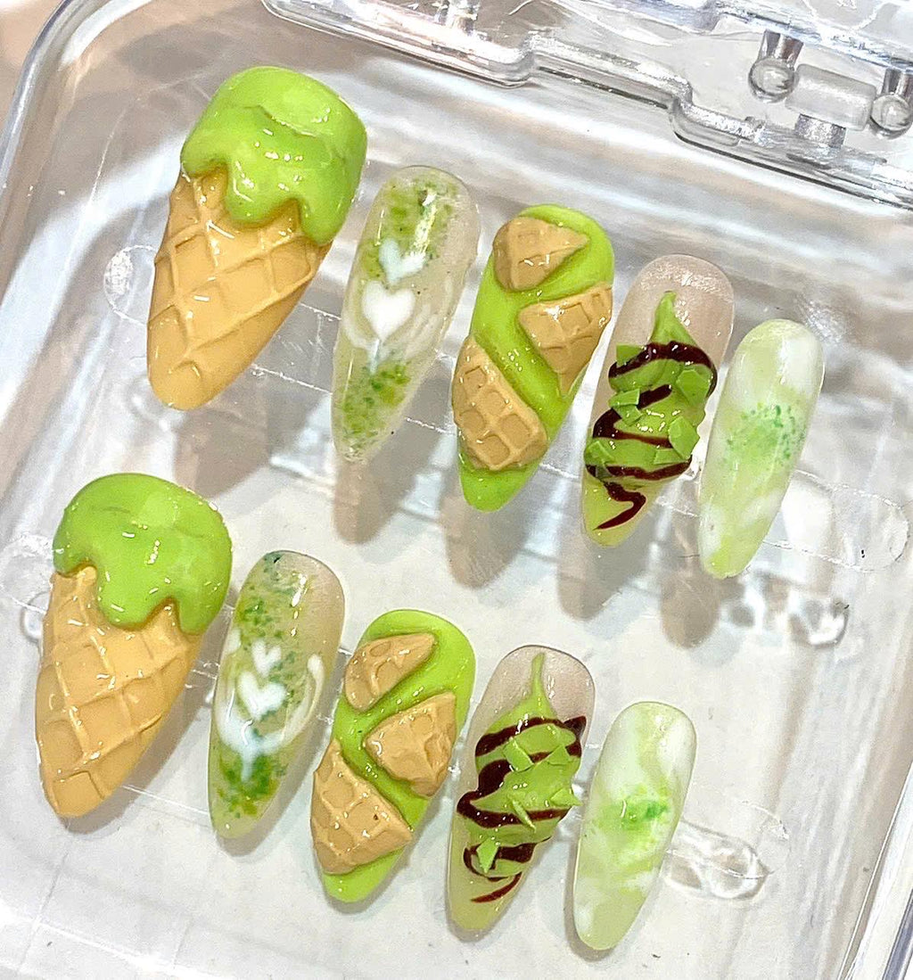 Matcha Ice Cream Press-On Nails, 3D Waffle Cone, Sweet Summer Manicure