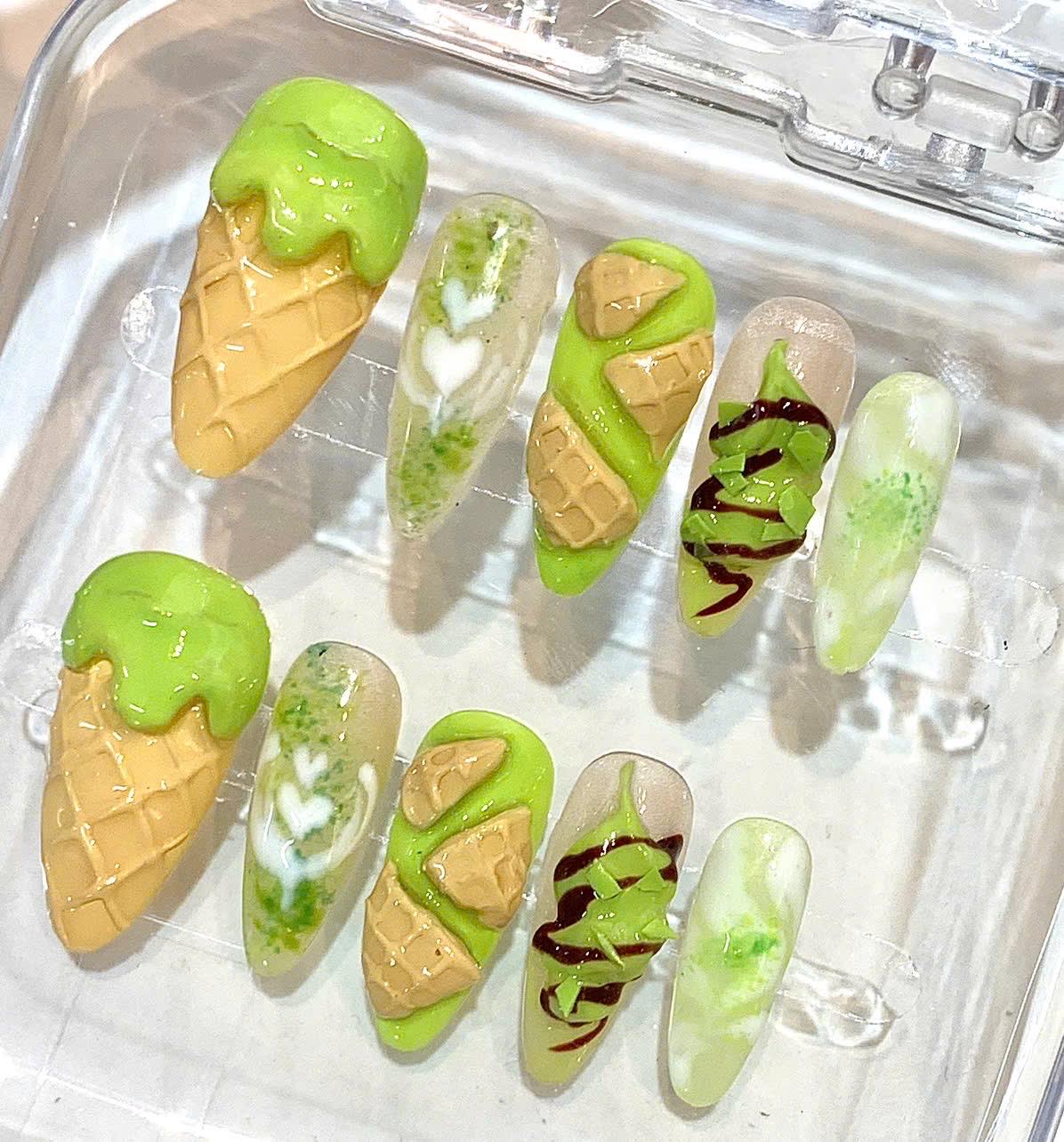 Matcha Ice Cream Press-On Nails, 3D Waffle Cone, Sweet Summer Manicure