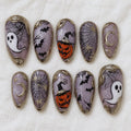 Purple Halloween Press On Nails, Spooky Ghost Pumpkin Nails, Bat Spider Web Nail Art