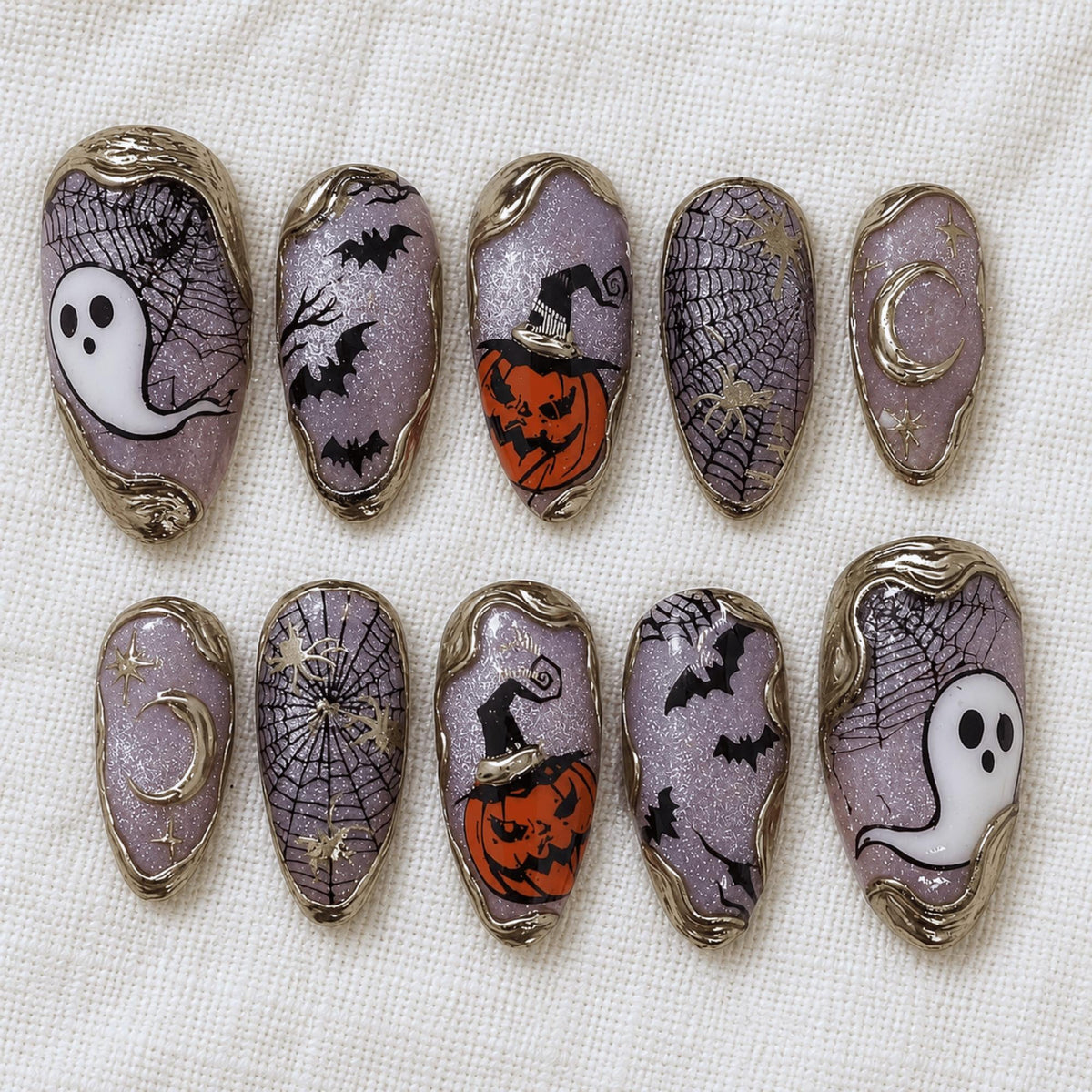 Purple Halloween Press On Nails, Spooky Ghost Pumpkin Nails, Bat Spider Web Nail Art
