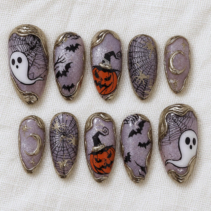Purple Halloween Press On Nails, Spooky Ghost Pumpkin Nails, Bat Spider Web Nail Art