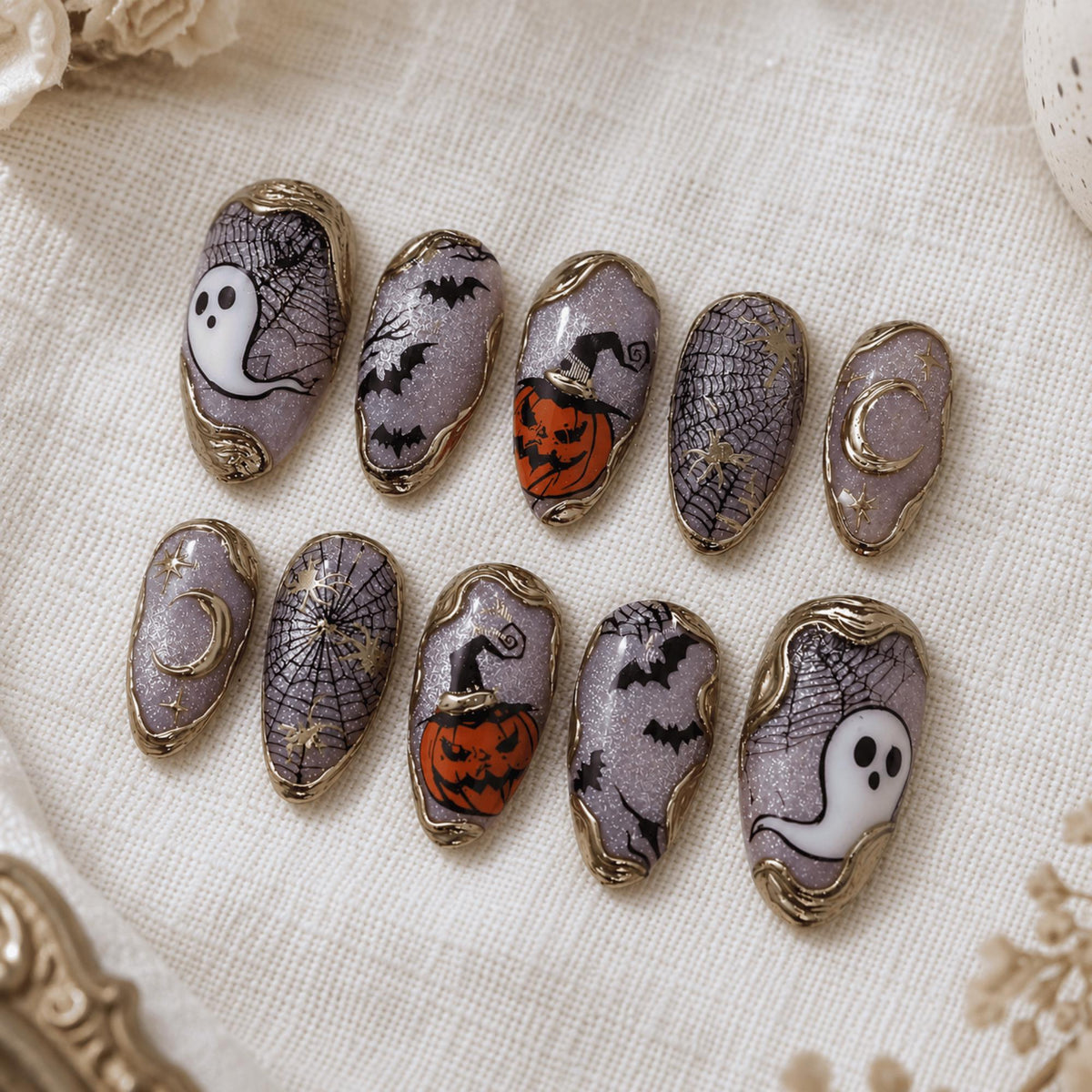 Purple Halloween Press On Nails, Spooky Ghost Pumpkin Nails, Bat Spider Web Nail Art