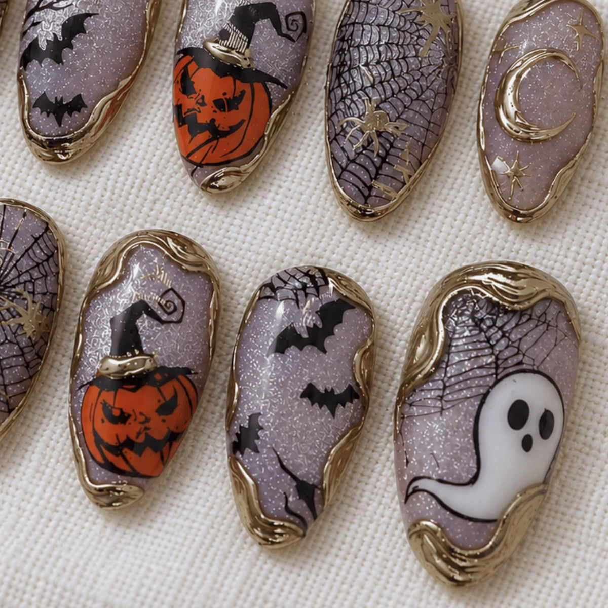 Purple Halloween Press On Nails, Spooky Ghost Pumpkin Nails, Bat Spider Web Nail Art