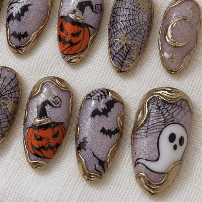 Purple Halloween Press On Nails, Spooky Ghost Pumpkin Nails, Bat Spider Web Nail Art