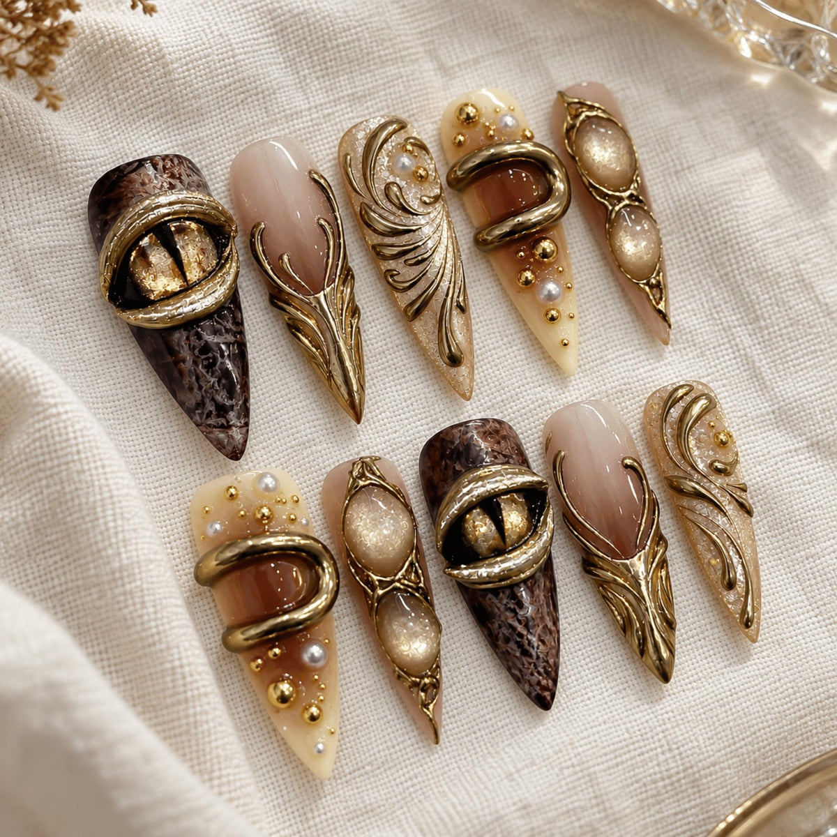 3D Gold Chrome Press On Nails, Y2K Cyber Fantasy Nail Art, Handmade Evil Eye Goth Nails