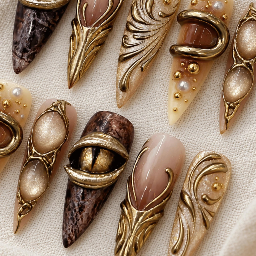 3D Gold Chrome Press On Nails, Y2K Cyber Fantasy Nail Art, Handmade Evil Eye Goth Nails