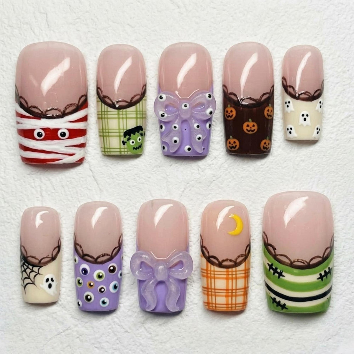 Kawaii Halloween Press On Nails, 3D Mummy Frankenstein Ghost Nail Set, Pumpkin & Eyeball Accents, Handmade Square Nails