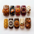 Handmade Kawaii Thanksgiving Press On Nails, 3D Turkey Nail Set, Pumpkin Pie & Sunflower Accents, Nails For Cozy Fall Vibes