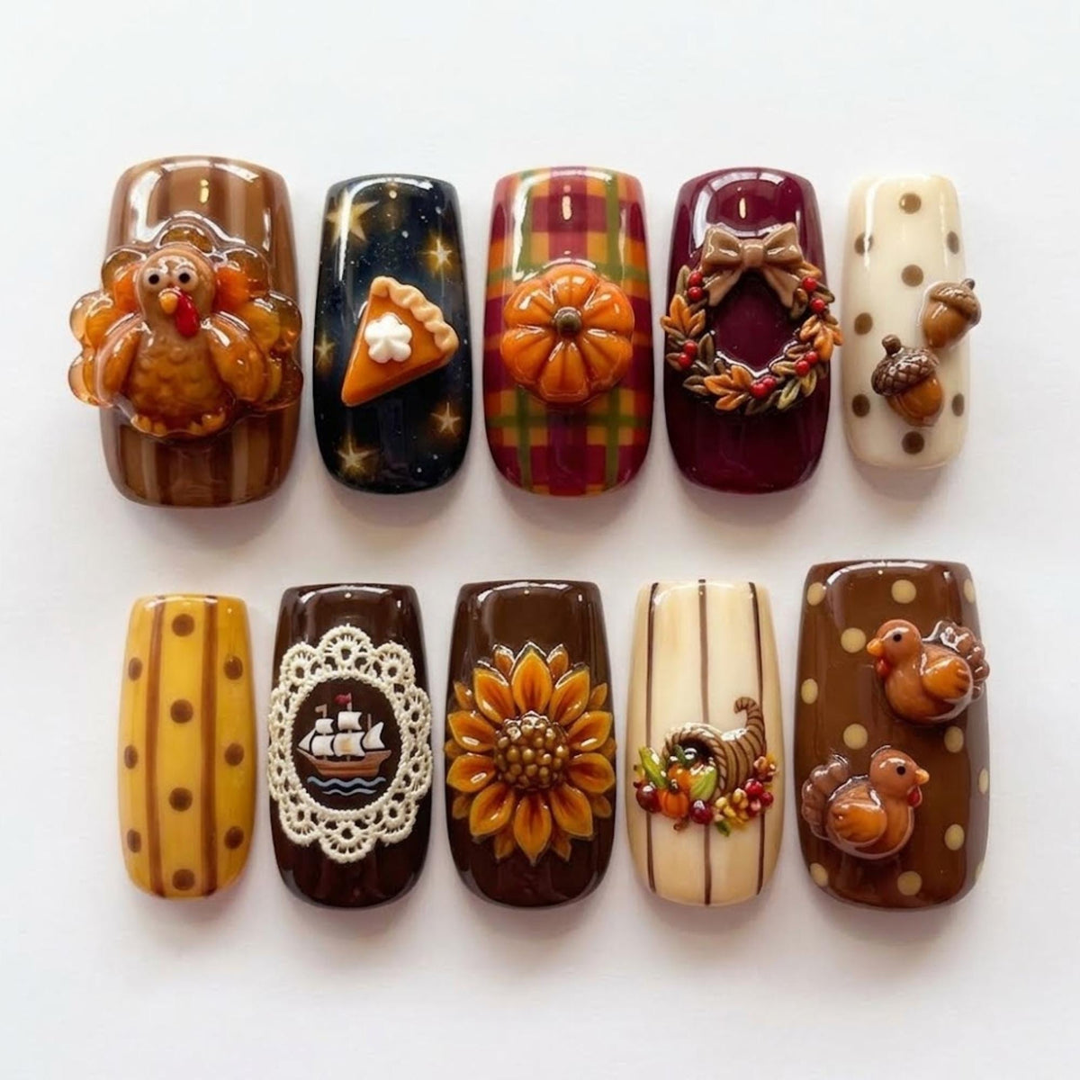 Handmade Kawaii Thanksgiving Press On Nails, 3D Turkey Nail Set, Pumpkin Pie & Sunflower Accents, Nails For Cozy Fall Vibes