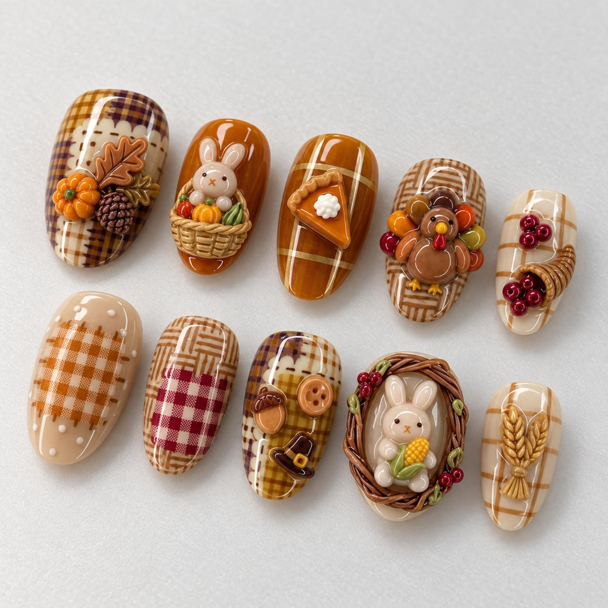Handmade Thanksgiving Press On Nails, Cute 3D Bunny & Turkey Nail Set, Pumpkin Pie Plaid, Wheat Accents, Nails For Autumn Vibes