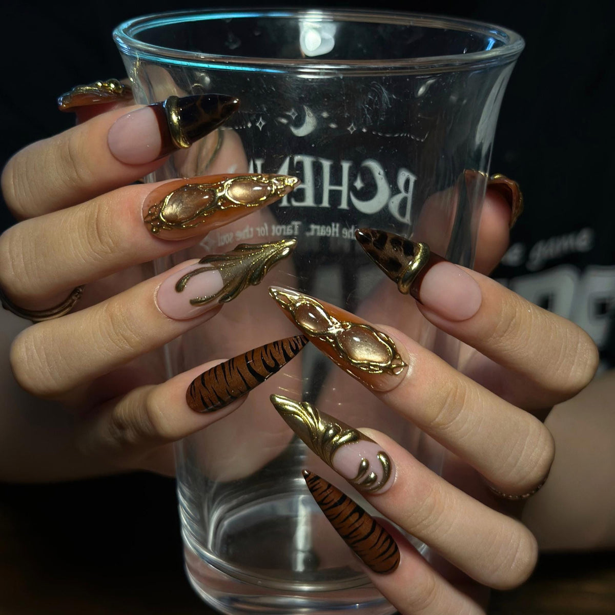 Fall Press On Nails, Brown Gold Nails, Luxury 3D Nail Art, Long Stiletto Nails, Handmade Autumn Nails ,JB672WI