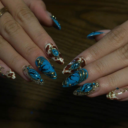 Turquoise Press On Nails, Western Jewelry Nails, Gold 3D Boho Nail Art, Vintage Ornamental Statement Nails, JB671UC