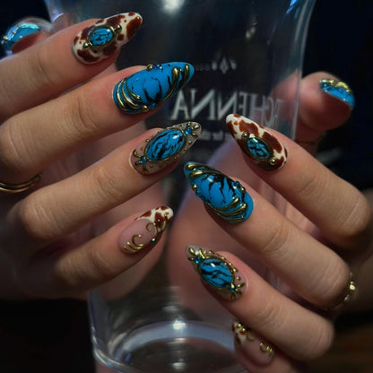 Turquoise Press On Nails, Western Jewelry Nails, Gold 3D Boho Nail Art, Vintage Ornamental Statement Nails, JB671UC