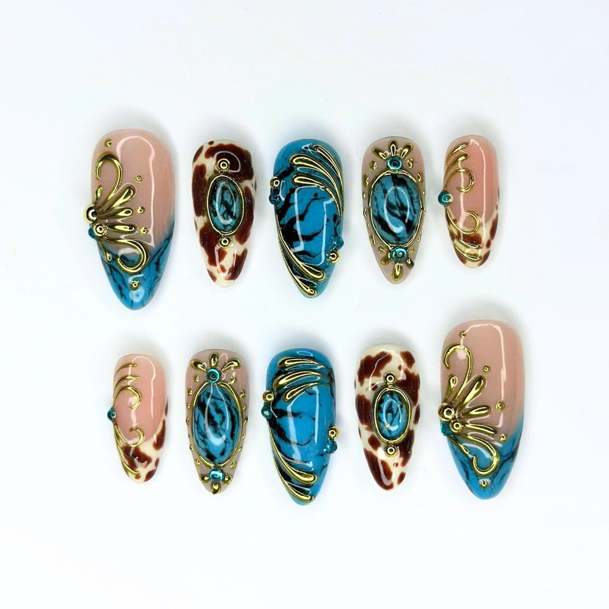 Turquoise Press On Nails, Western Jewelry Nails, Gold 3D Boho Nail Art, Vintage Ornamental Statement Nails, JB671UC