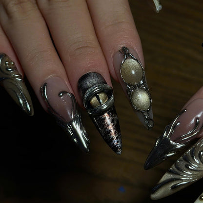 Jewelry Inspired Press On Nails, Antique Gold Silver 3D Nails, Vintage Metal Statement Nails, Luxury Abstract Nail Art, JB670UC