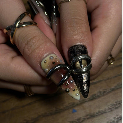 Jewelry Inspired Press On Nails, Antique Gold Silver 3D Nails, Vintage Metal Statement Nails, Luxury Abstract Nail Art, JB670UC