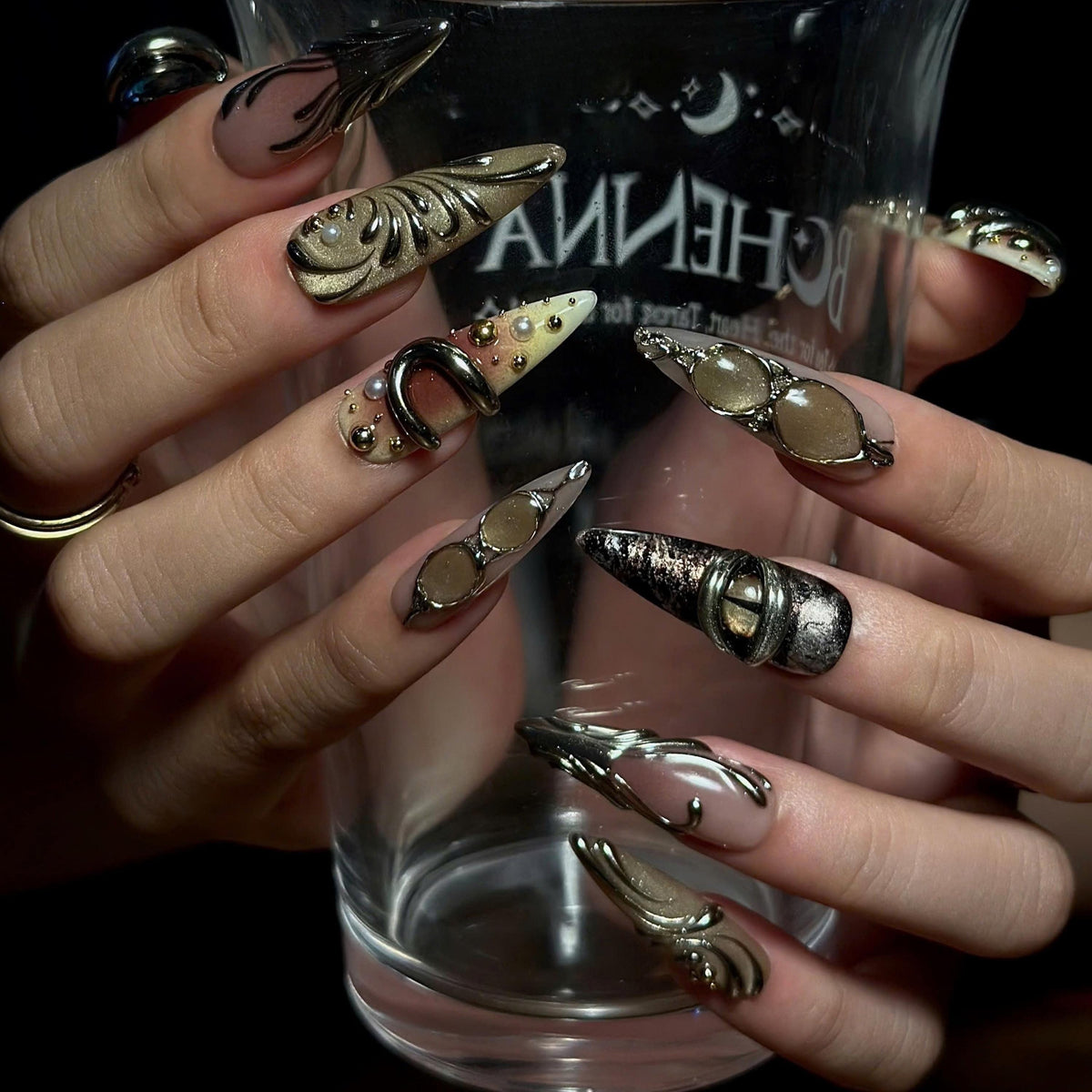 Jewelry Inspired Press On Nails, Antique Gold Silver 3D Nails, Vintage Metal Statement Nails, Luxury Abstract Nail Art, JB670UC