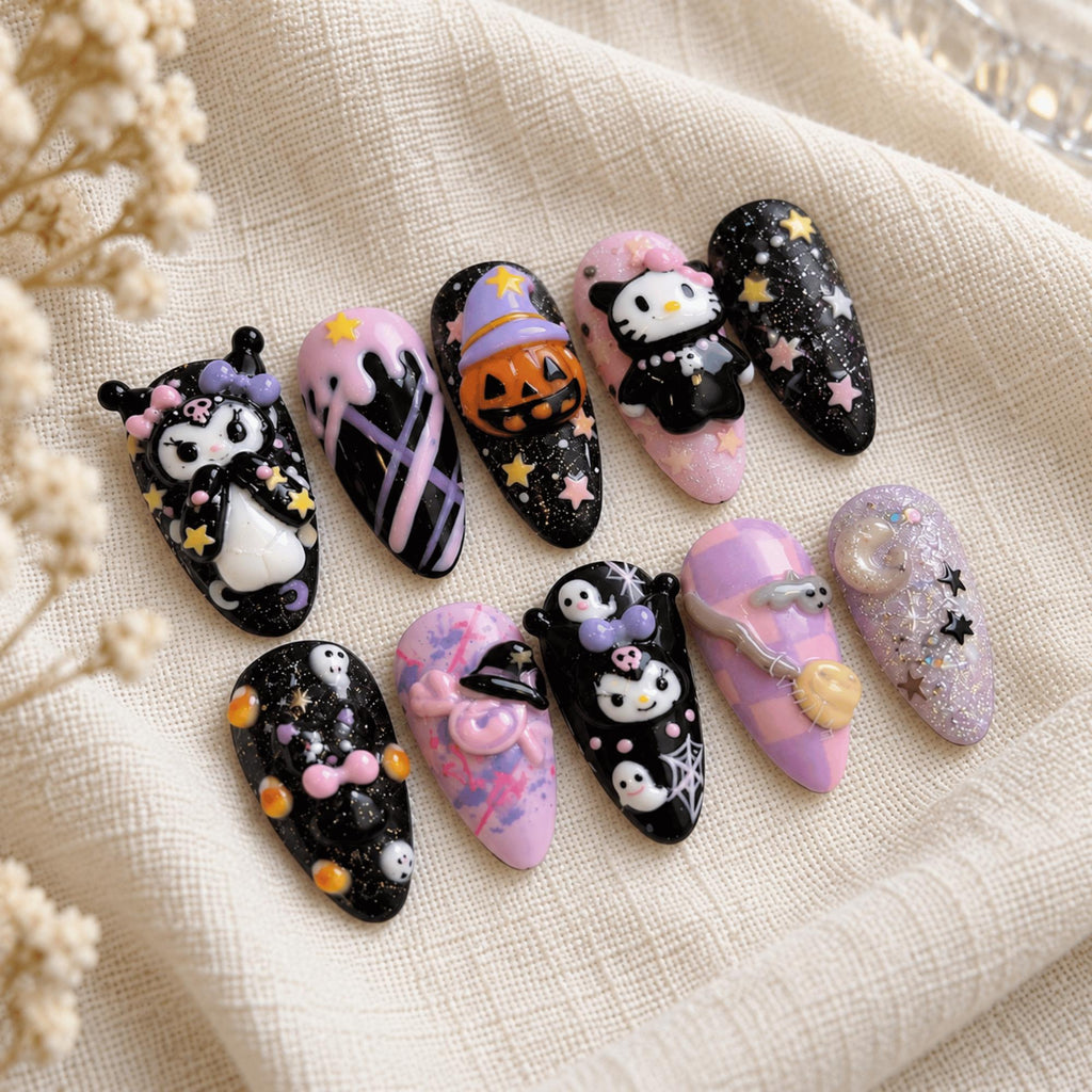 Black Pink Halloween Press On Nails, Spooky 3D Character Nails, Cute Kawaii Ghost Pumpkin Nail Set
