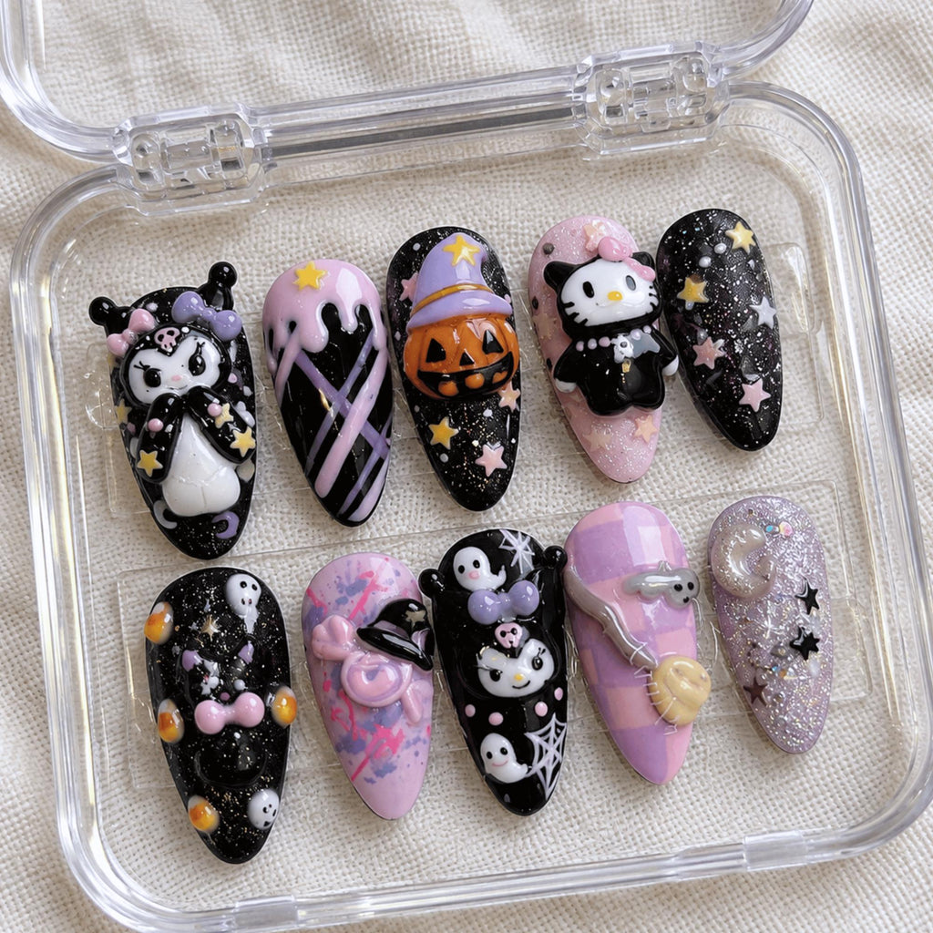 Black Pink Halloween Press On Nails, Spooky 3D Character Nails, Cute Kawaii Ghost Pumpkin Nail Set