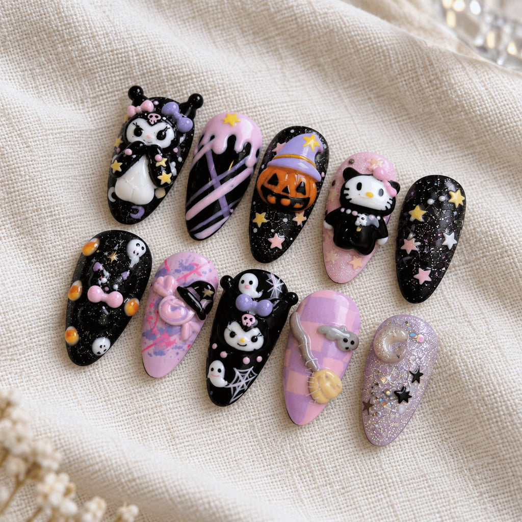 Black Pink Halloween Press On Nails, Spooky 3D Character Nails, Cute Kawaii Ghost Pumpkin Nail Set