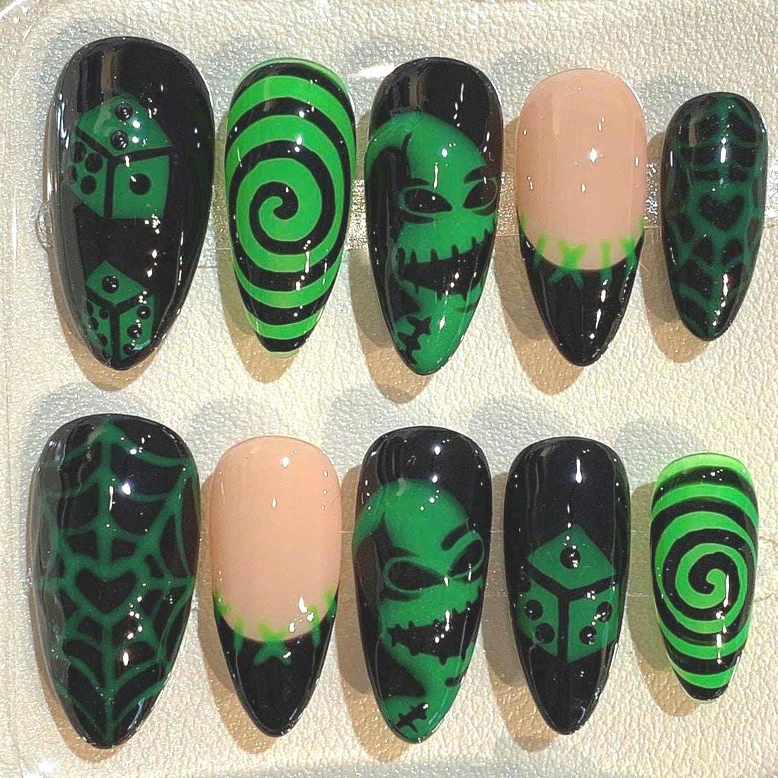 Oogie Boogie Halloween Press On Nails | Neon Green Gothic Nail Art Set