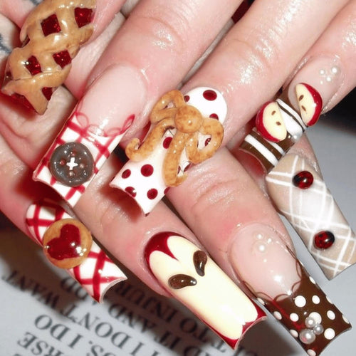 3D Apple Fall Press On Nails, Picnic Gingham Nails, Cottagecore Food Nail Art