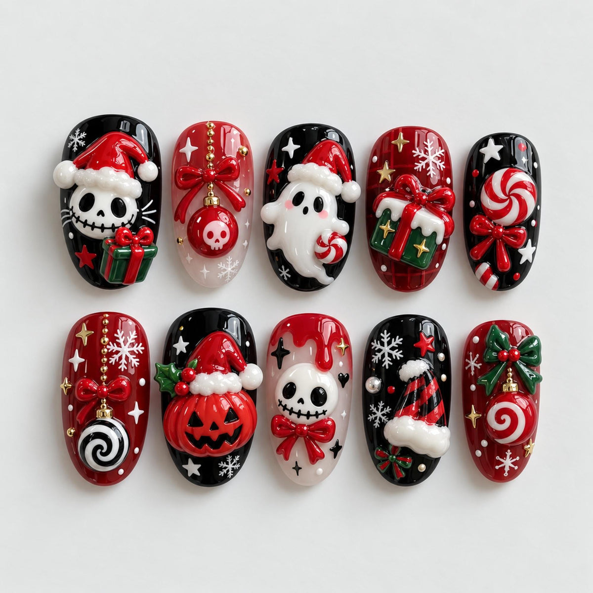 Handmade Spooky Christmas Press On Nails, Skeleton Santa Nail Set, Ghost Pumpkin & Candy Accents, Nails For Playful Gothic Holiday Vibes