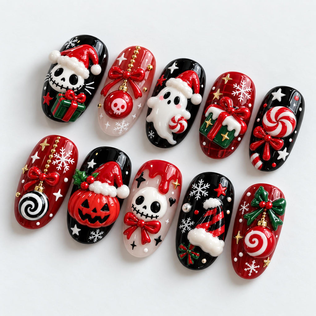 Handmade Spooky Christmas Press On Nails, Skeleton Santa Nail Set, Ghost Pumpkin & Candy Accents, Nails For Playful Gothic Holiday Vibes