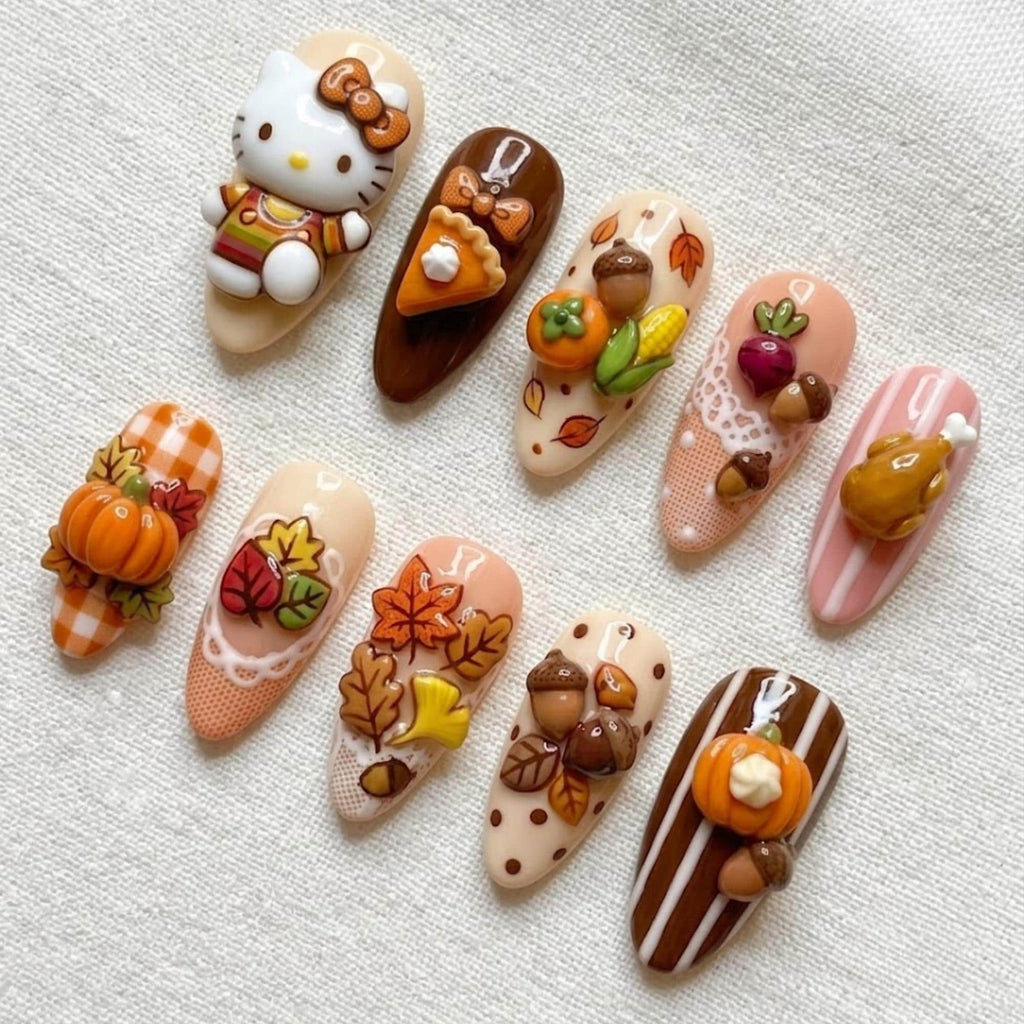 Handmade Kawaii Thanksgiving Press On Nails, Hello Kitty Nail Set, Pumpkin Pie & Acorn Accents, Nails For Cozy Fall Vibes