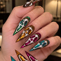 Scream Face Halloween Press On Nails, Colorful Cat Eye Long Stiletto Nails, Ghost