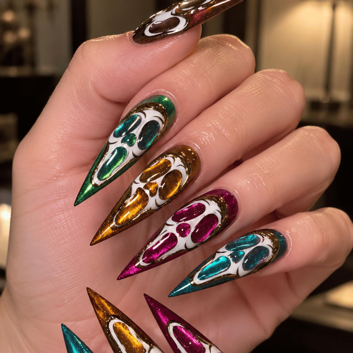 Scream Face Halloween Press On Nails, Colorful Cat Eye Long Stiletto Nails, Ghost