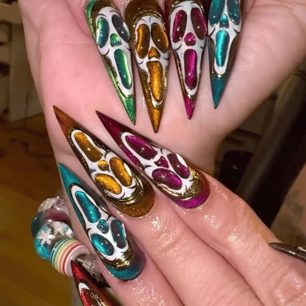 Scream Face Halloween Press On Nails, Colorful Cat Eye Long Stiletto Nails, Ghost