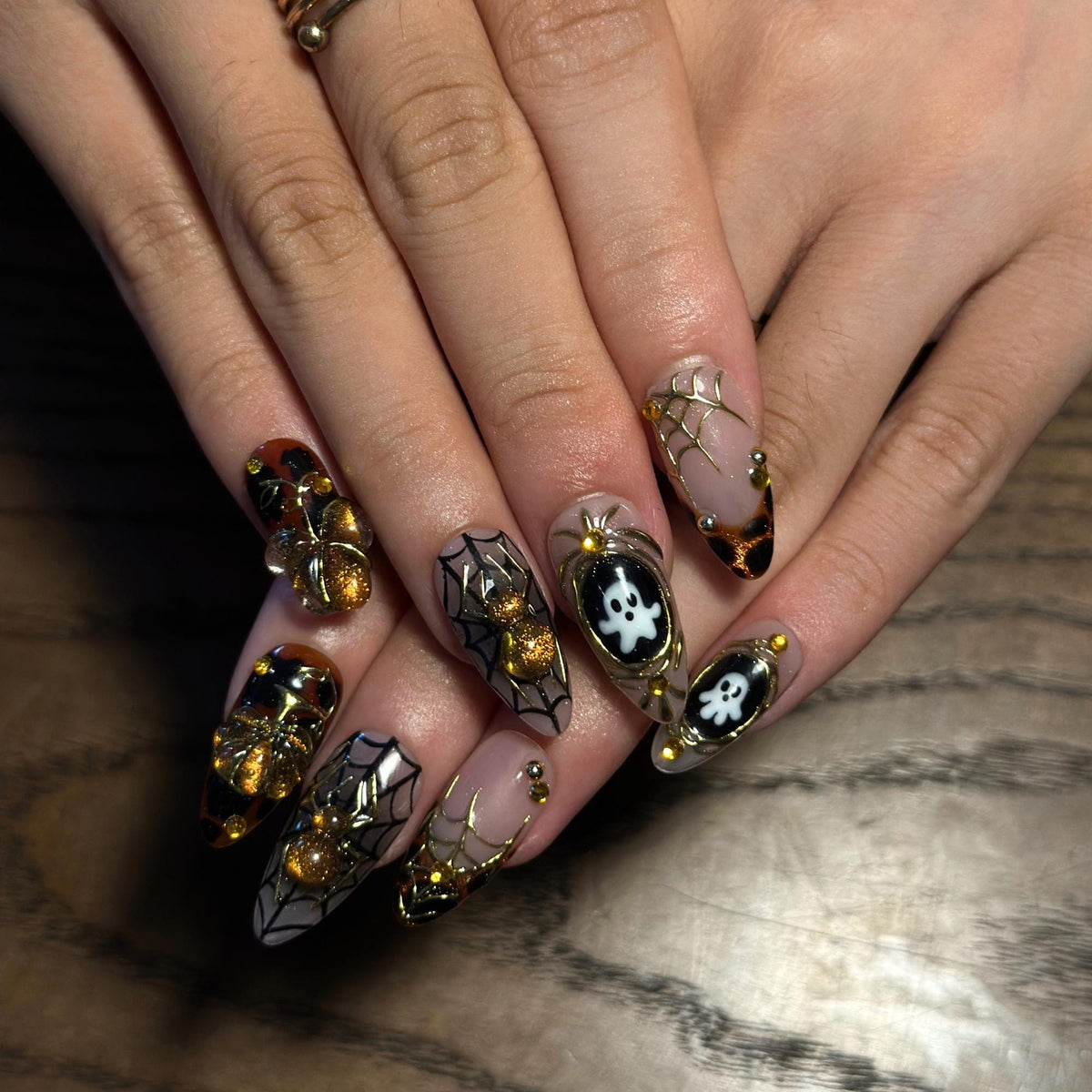 Halloween Press On Nails, Gothic Spider Web Nails, 3D Ghost Nails, Gold Chrome Luxury Nails, Handmade Halloween Nail Set | JB667WC