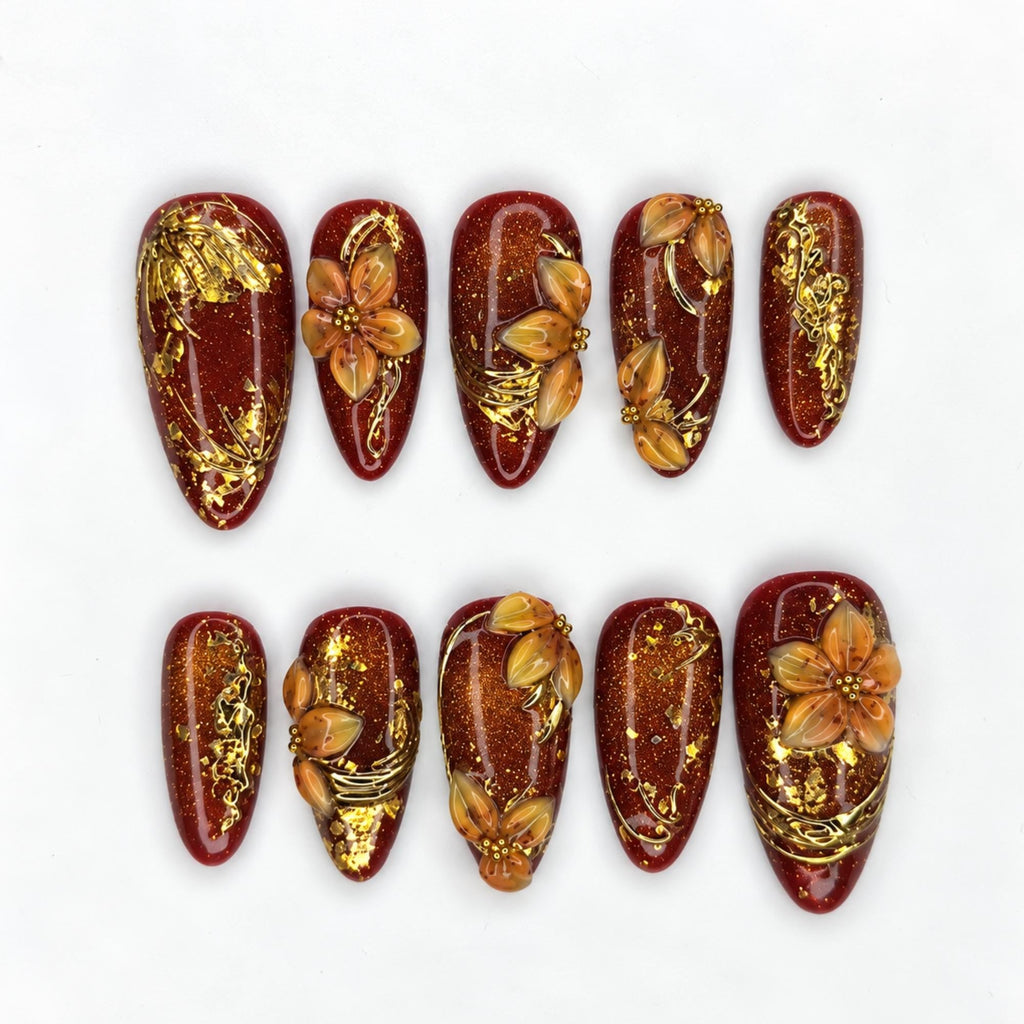 Fall Press On Nails, Burgundy Gold Nails, 3D Floral Nails, Luxury Autumn Nails, Handmade Fake Nails ,JB673WC