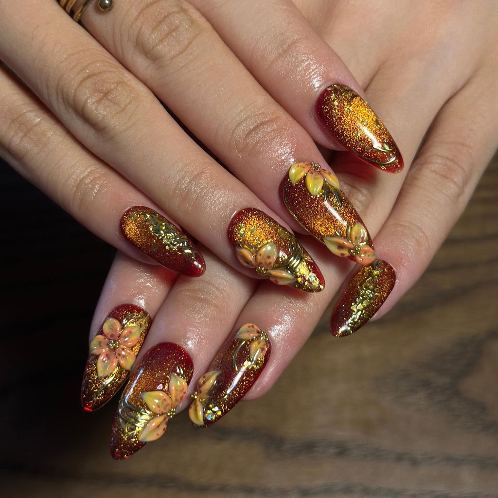 Fall Press On Nails, Burgundy Gold Nails, 3D Floral Nails, Luxury Autumn Nails, Handmade Fake Nails ,JB673WC