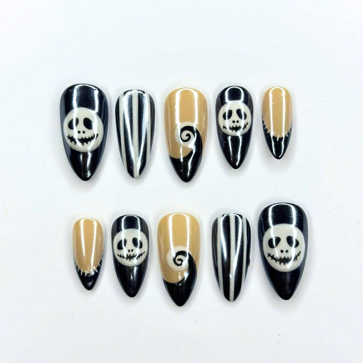 Halloween Press On Nails, Skeleton Face Nails, Black White Striped Nails, Spooky Almond Press Ons, Halloween Nail Art , JC673UI