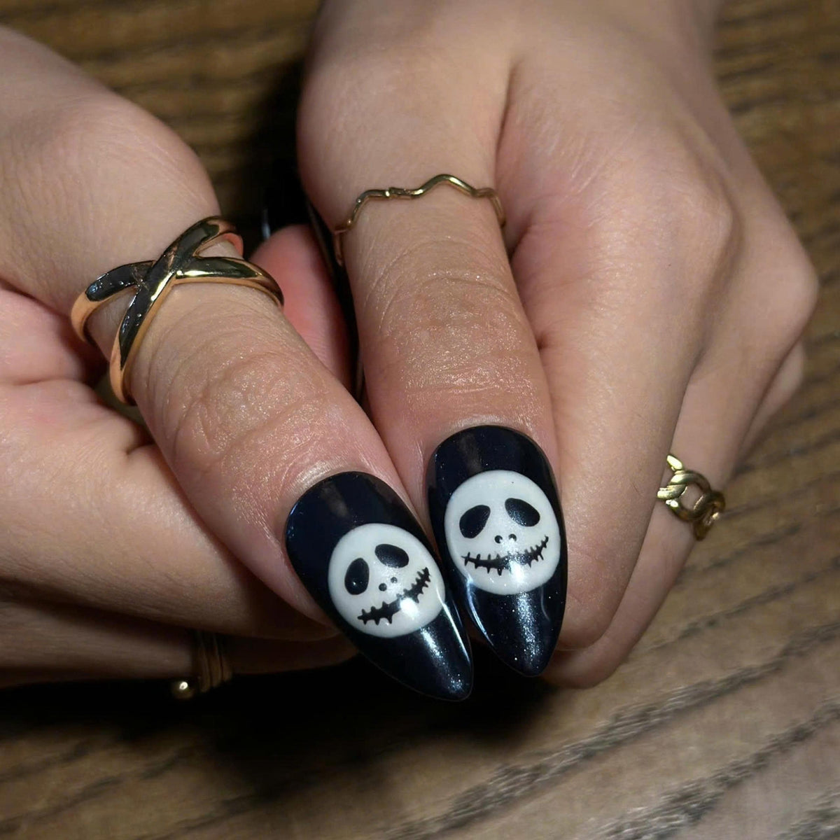 Halloween Press On Nails, Skeleton Face Nails, Black White Striped Nails, Spooky Almond Press Ons, Halloween Nail Art , JC673UI