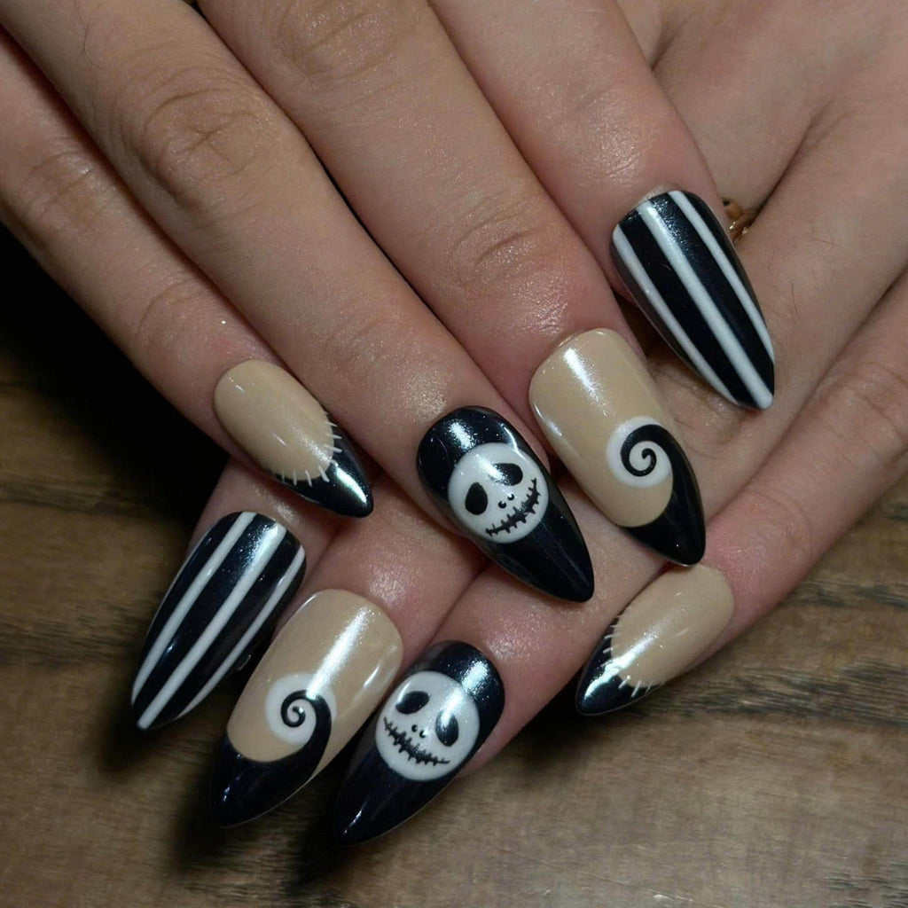Halloween Press On Nails, Skeleton Face Nails, Black White Striped Nails, Spooky Almond Press Ons, Halloween Nail Art , JC673UI