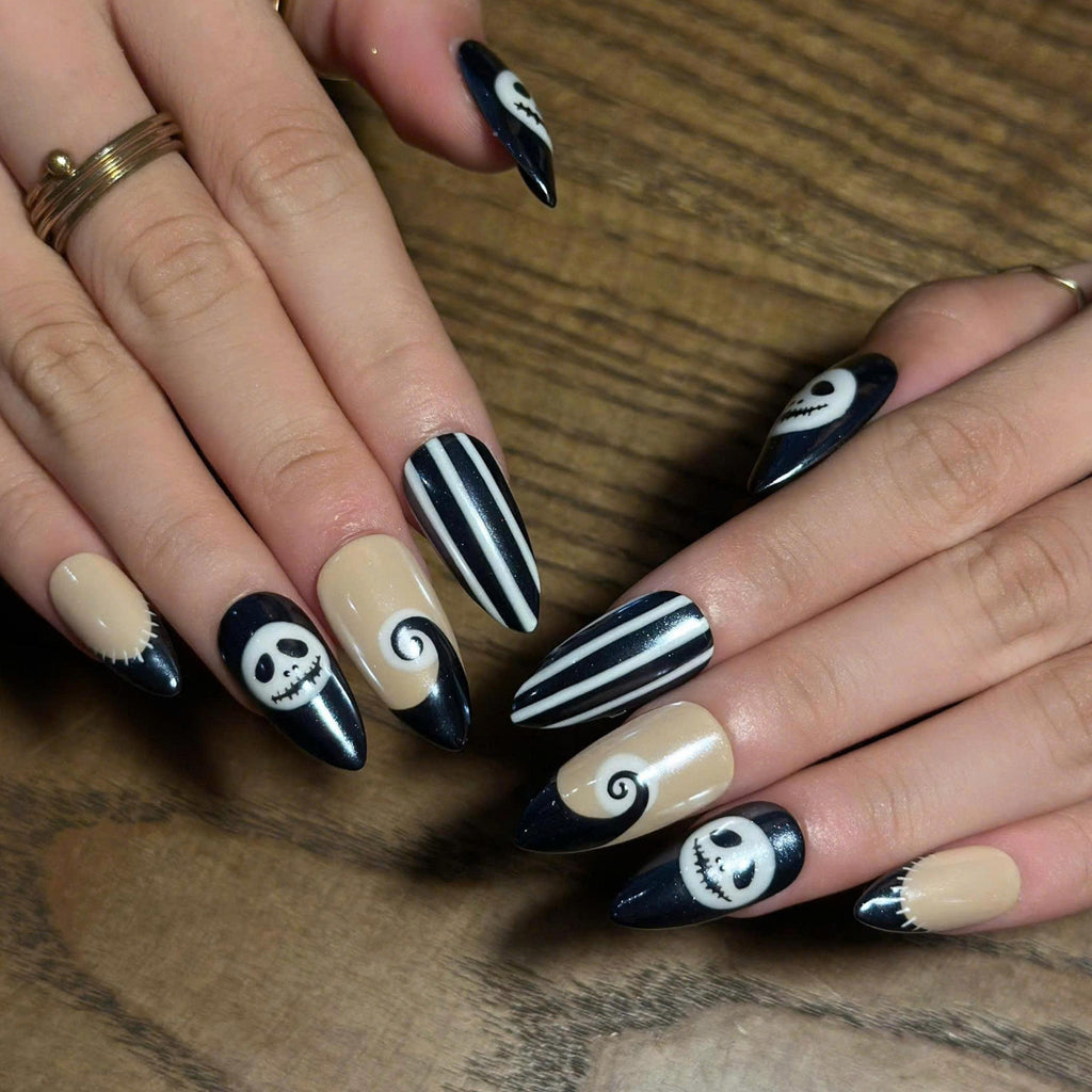 Halloween Press On Nails, Skeleton Face Nails, Black White Striped Nails, Spooky Almond Press Ons, Halloween Nail Art , JC673UI