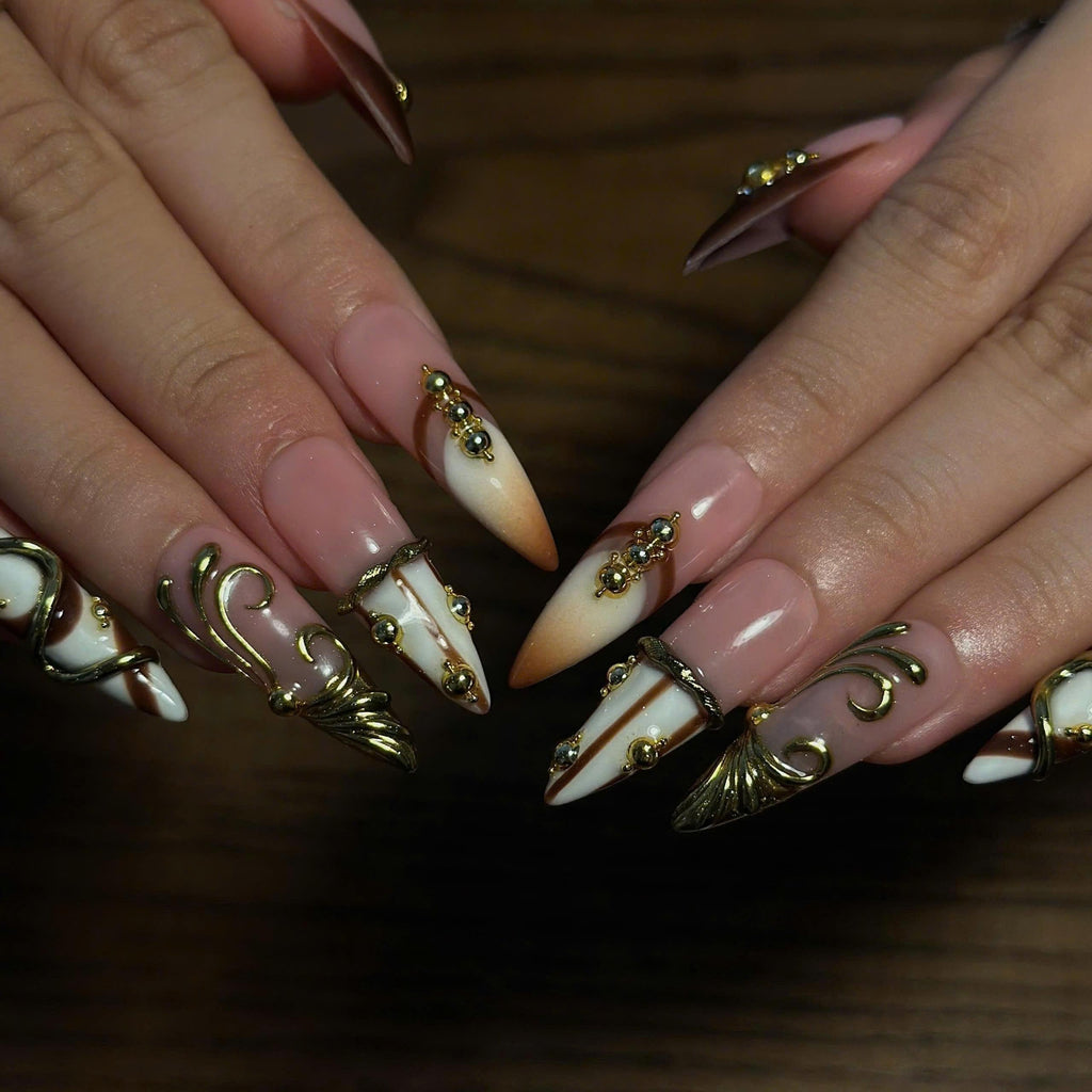 Luxury Press On Nails, 3D Gold Jewelry Nails, Nude Brown French Tips, Sculptural Gold Long Almond Nails, JB677UC