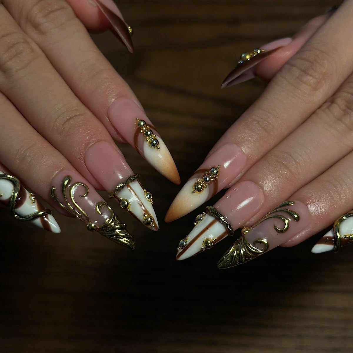 Luxury Press On Nails, 3D Gold Jewelry Nails, Nude Brown French Tips, Sculptural Gold Long Almond Nails, JB677UC