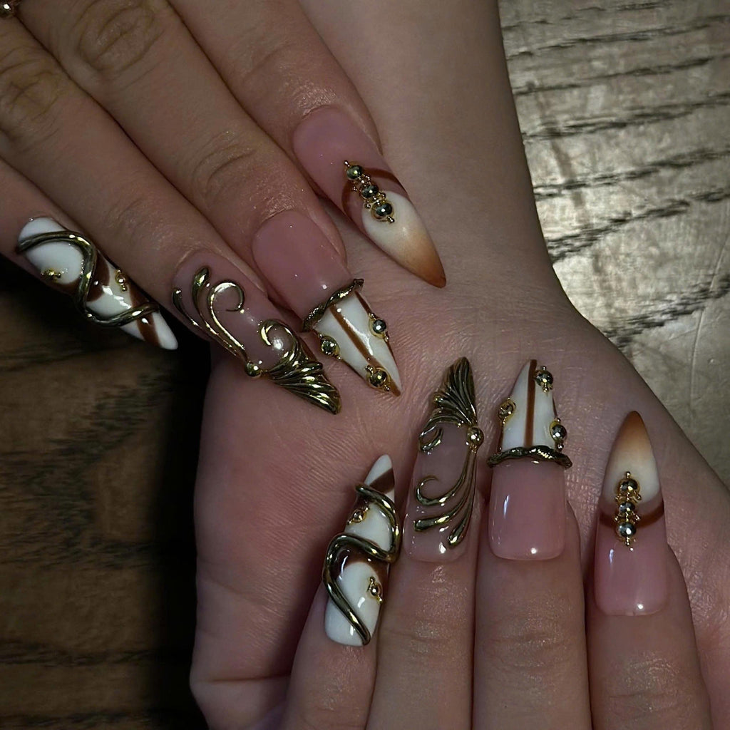 Luxury Press On Nails, 3D Gold Jewelry Nails, Nude Brown French Tips, Sculptural Gold Long Almond Nails, JB677UC