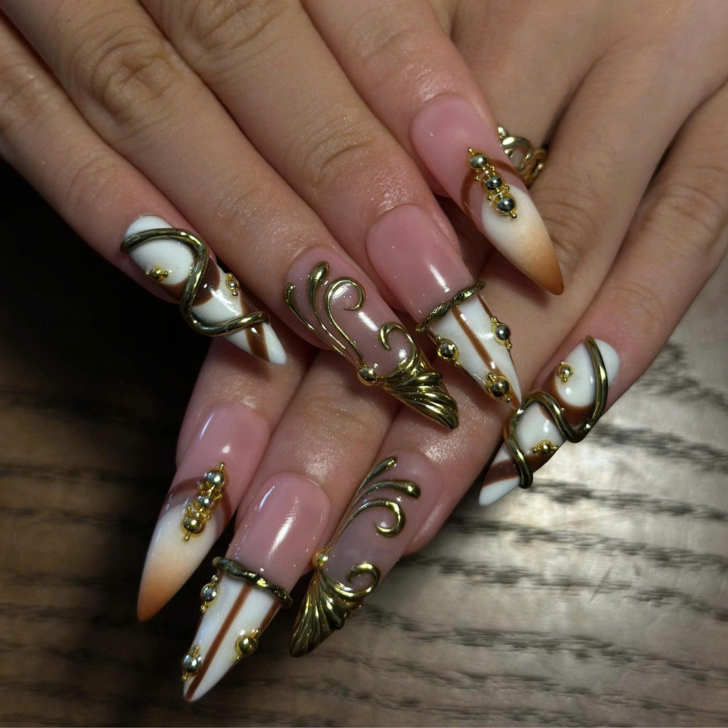 Luxury Press On Nails, 3D Gold Jewelry Nails, Nude Brown French Tips, Sculptural Gold Long Almond Nails, JB677UC