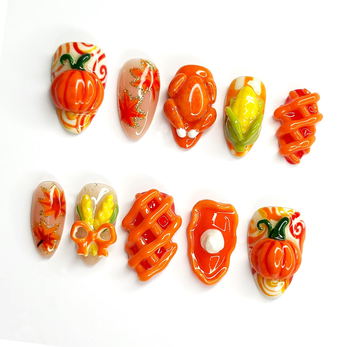 Thanksgiving Fall Press On Nails, 3D Pumpkin Turkey Nails, Autumn Corn Nail Art, Cute Handmade Nails, Thanksgiving Gift for Her JB685LT
