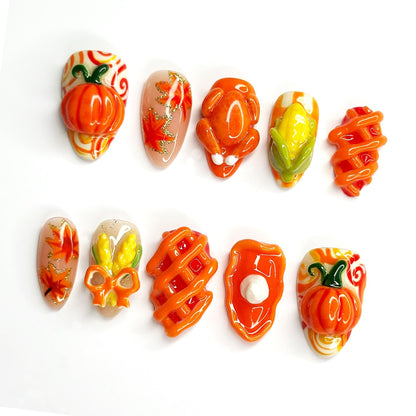 Thanksgiving Fall Press On Nails, 3D Pumpkin Turkey Nails, Autumn Corn Nail Art, Cute Handmade Nails, Thanksgiving Gift for Her JB685LT