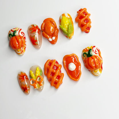 Thanksgiving Fall Press On Nails, 3D Pumpkin Turkey Nails, Autumn Corn Nail Art, Cute Handmade Nails, Thanksgiving Gift for Her JB685LT